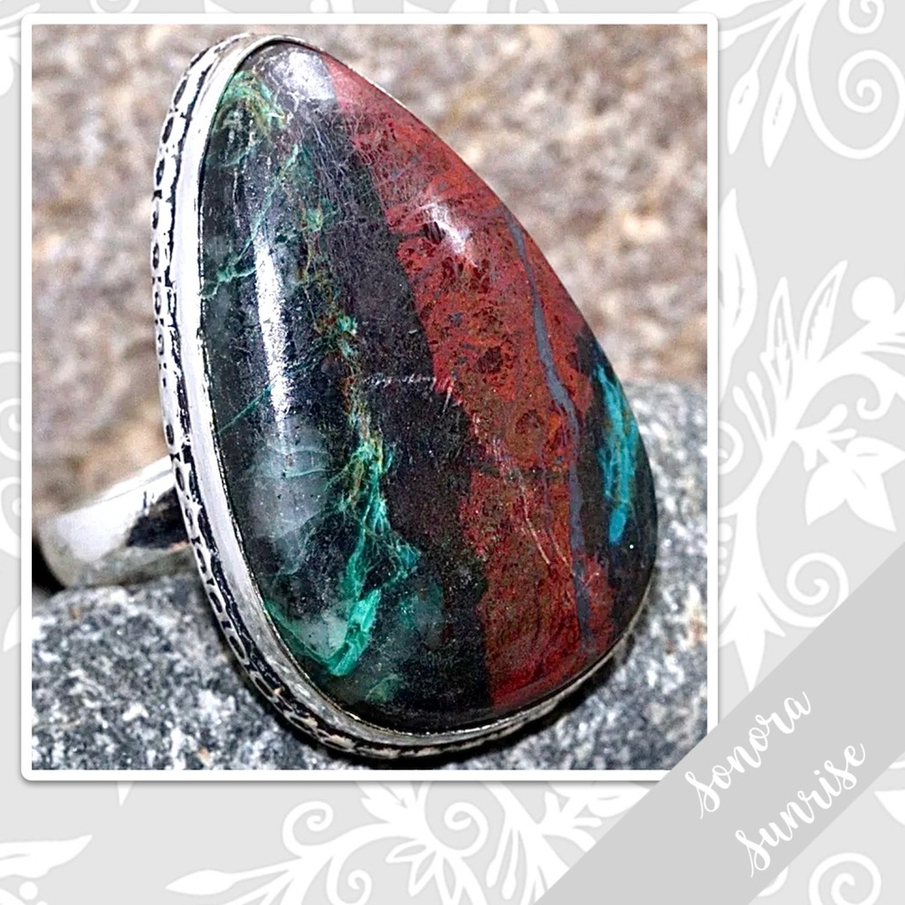 Sonora Sunrise Eclectic Silver Artisan Ring, 8.5 (Teal Blue-Green, Red, Black)
